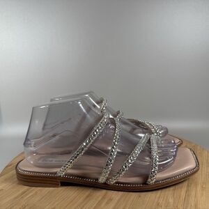 Steve Madden Sandals 8.5 M Starie Rhinestones Strappy Flats Beige Square Toe Tan